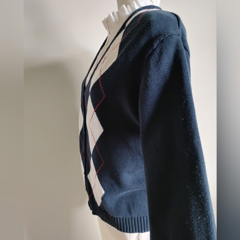 John Galt Cotton V-Neck Cardigan Sweater Navy Blue Red White Tennis Prep Sz Med - Picture 6 of 12